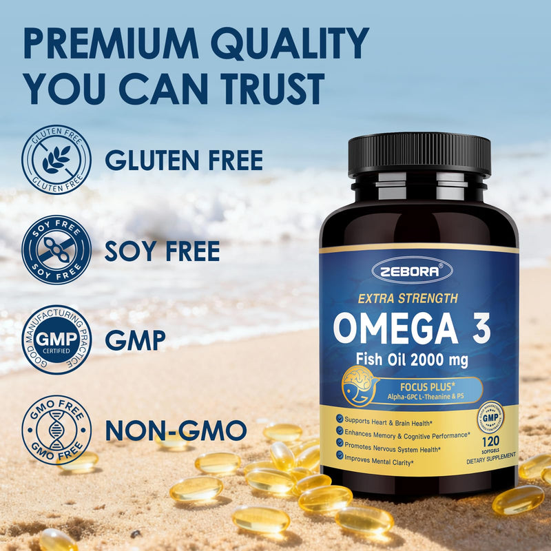ZEBORA Omega-3 Fish Oil 2000mg with Alpha-GPC & PS, 120 Softgels | High Potency DHA and EPA, Supports Brain, Cognition, and Heart Health, Sustainably Sourced Fish Oil Softgels 120 Count (Pack of 1)