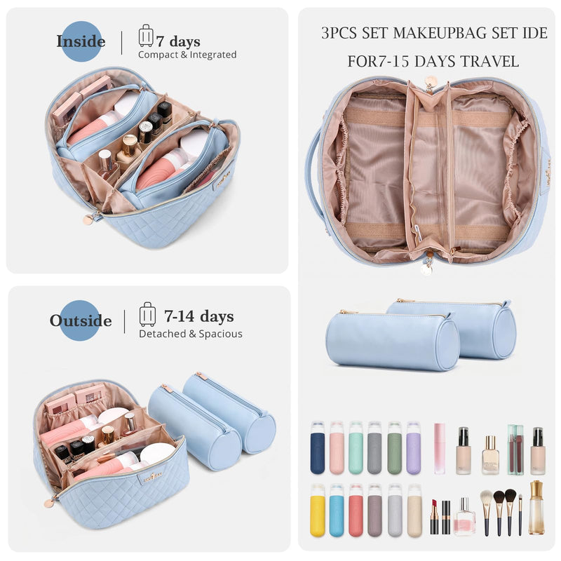 Travel Makeup Bags Cosmetic Organizer: 3Pcs Set Puffy Make up Bag for Women | Blue Premium Quilted ELEGANCE Design | Large Capacity Leather Toiletry Bags | Wide Open Compact Case for Travel Essentials 03 Blue