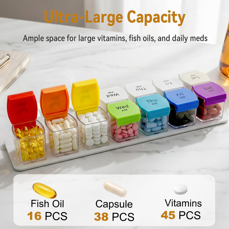 Extra Large Weekly Pill Organizer 2 Times a Day, XXL Pill Box 7 Day AM PM for Big Vitamins & Supplements, Large Capacity Medication Dispenser with 7 Detachable Compartments