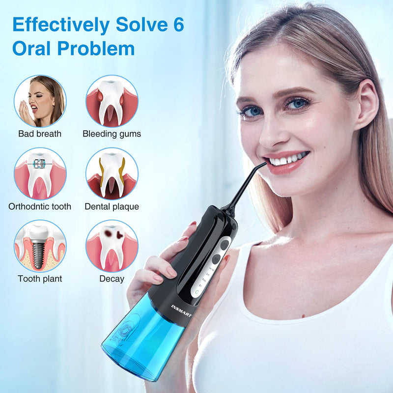 [Australia] - Cordless Water Dental Flosser Teeth Cleaner, INSMART Professional 300ML Tank DIY Mode USB Rechargeable Dental Oral Irrigator for Home and Travel, IPX7 Waterproof 4 Modes Irrigate for Oral Care Blue 