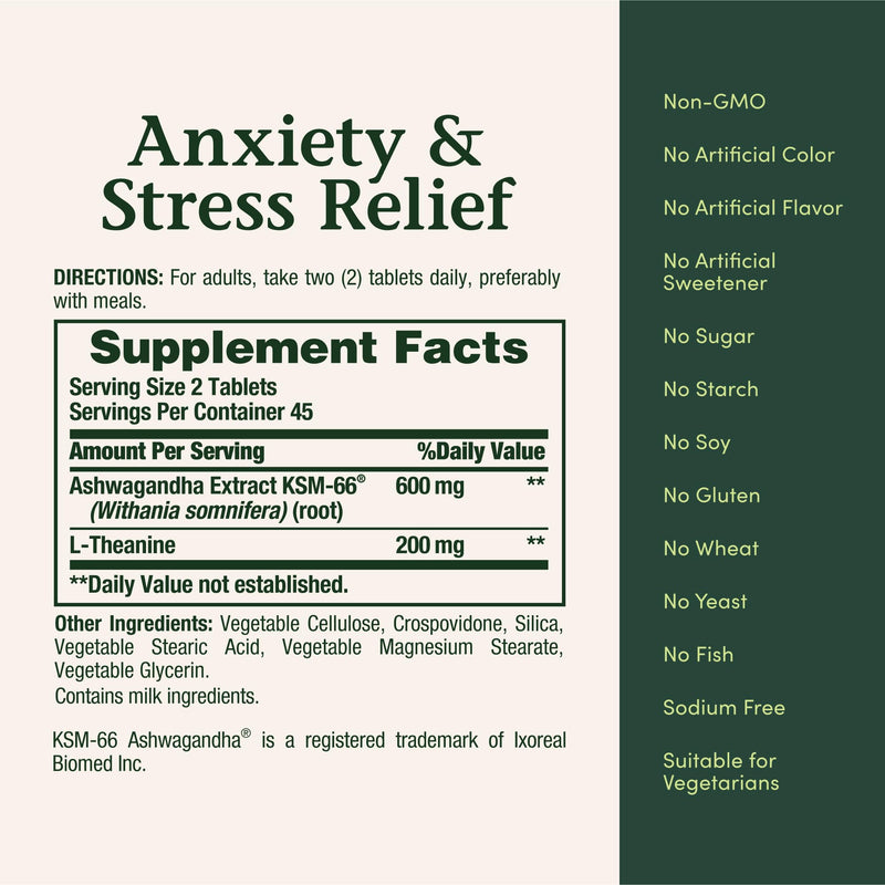 [Australia] - Nature's Bounty Stress Relief, Ashwagandha KSM-66, Supports Occasional Stress Relief, Dietary Supplement, 2 Tablets per Day, Vegetarian Tablets, Gluten Free, 90 Ct 90ct (Pack of 1) 