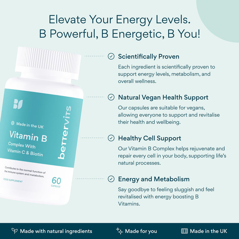 Bettervits Vitamin B-Complex High Strength - Vitamins B1, B2, B3, B5, B6, B12 | Immune Support with Choline, Biotin, Folate, Vitamin C - Daily Energy and Metabolism for Men and Women - 60 Capsules