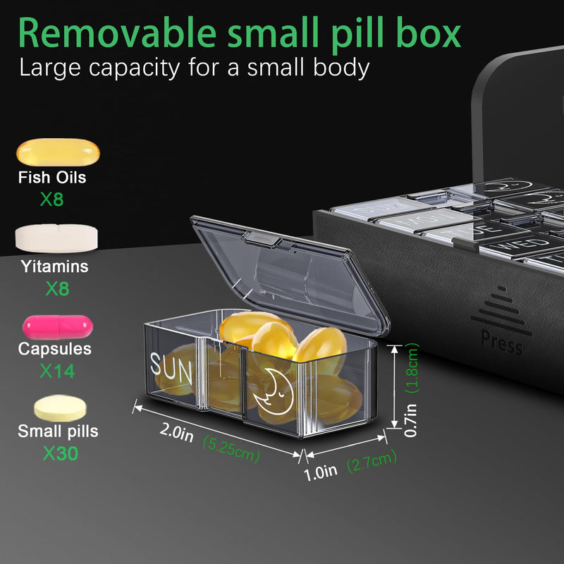 Pill Organizer Weekly, 2 Times a Day for 7-Day Leather Medicine Box Travel Container Vitamin Am Pm Pill Case, Twice Daily Privacy Pill Holder, Modern and Portable Pillbox (Black and Brown) Black and Brown