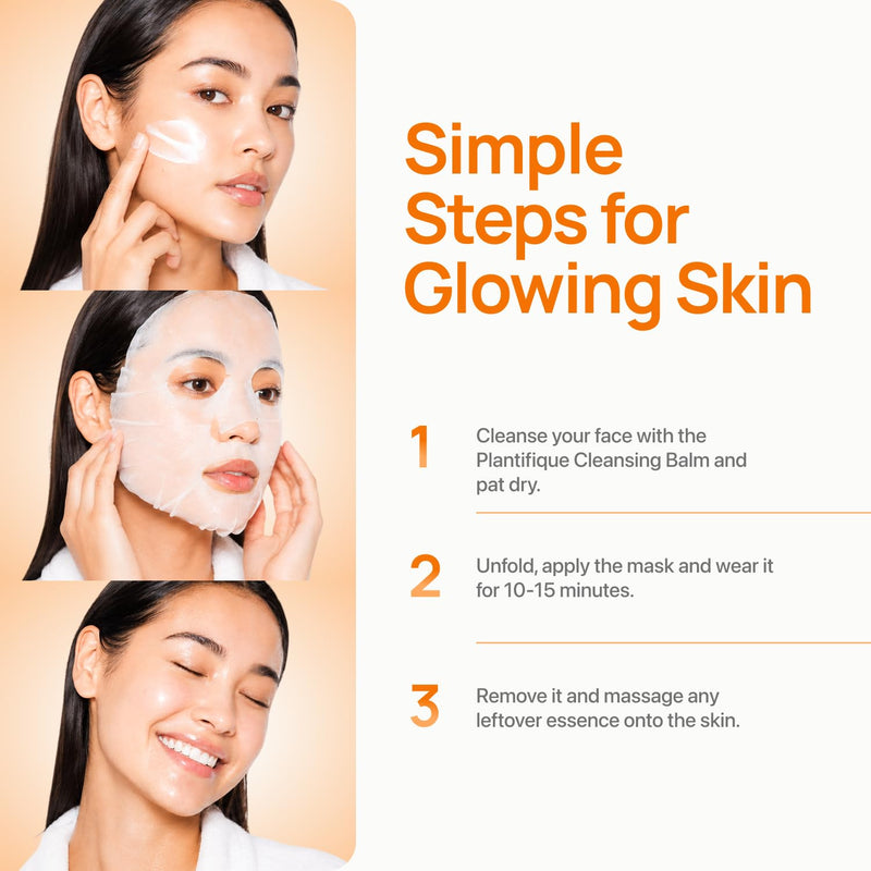 PLANTIFIQUE Korean Sheet Mask, 5 Pack - Glowing & Rejuvenating | Hydrating Face Masks Skincare with Peach Extract, Vitamin C & Hyaluronic Acid - Mascarillas Faciales Vitamin C Glow 1 Count (Pack of 5)