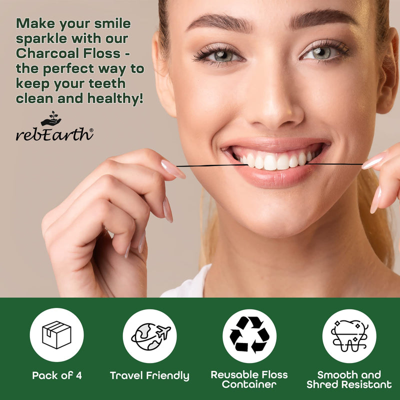 rebEarth Natural Deep Clean Charcoal Floss - Oral Care Dental Floss w/Mint Flavor, 30m Tooth Floss in Glass Container, Bamboo Floss w/Reusable Floss Container, Smooth & Shred Resistant (Pack of 4) 4 Pack Dental Floss