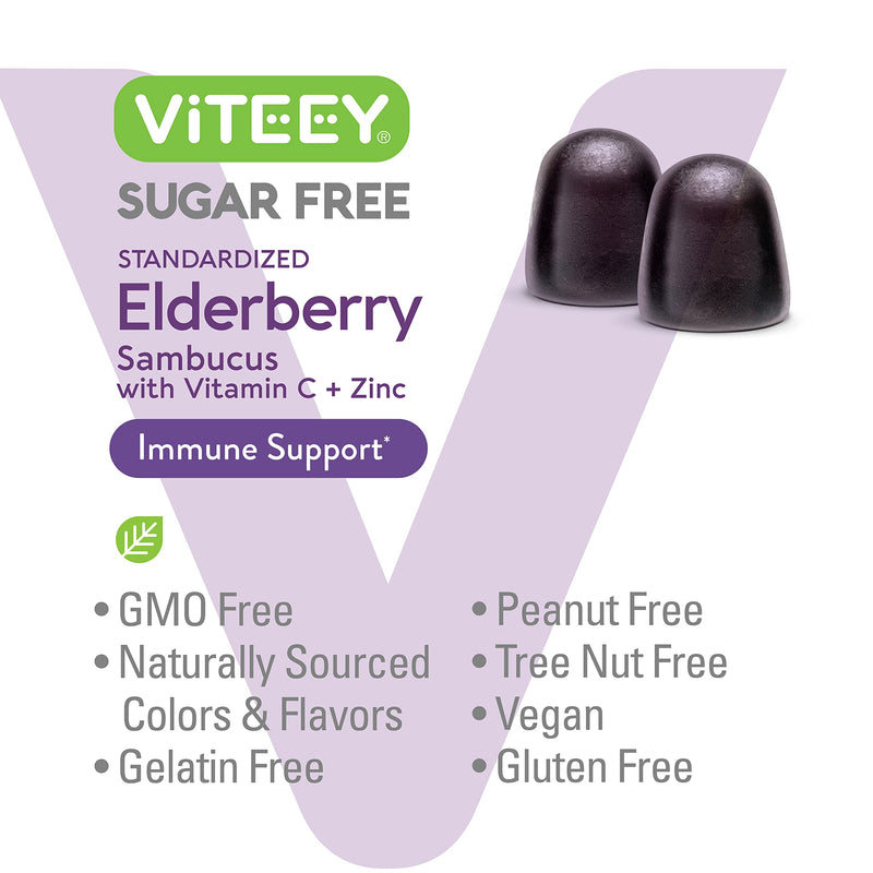 Viteey Sambucus Elderberry Gummies for Adults & Teens + Zinc & Vitamin C | Sugar Free - Immune Support & Booster Herbal Supplement - Vegan, Gluten Free, Gelatin Free, GMO Free, Chewable Berry Flavored 60 Count (Pack of 2)