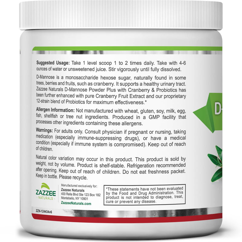 [Australia] - Zazzee D-Mannose Powder Plus, 2000 mg, 67 Servings, Potent & Fast-Acting, Plus 5 Billion CFU Probiotics and Pure Cranberry Juice Extract, Free Scoop, 6.5 Oz, Vegan, Gluten-Free, Non-GMO, All-Natural 