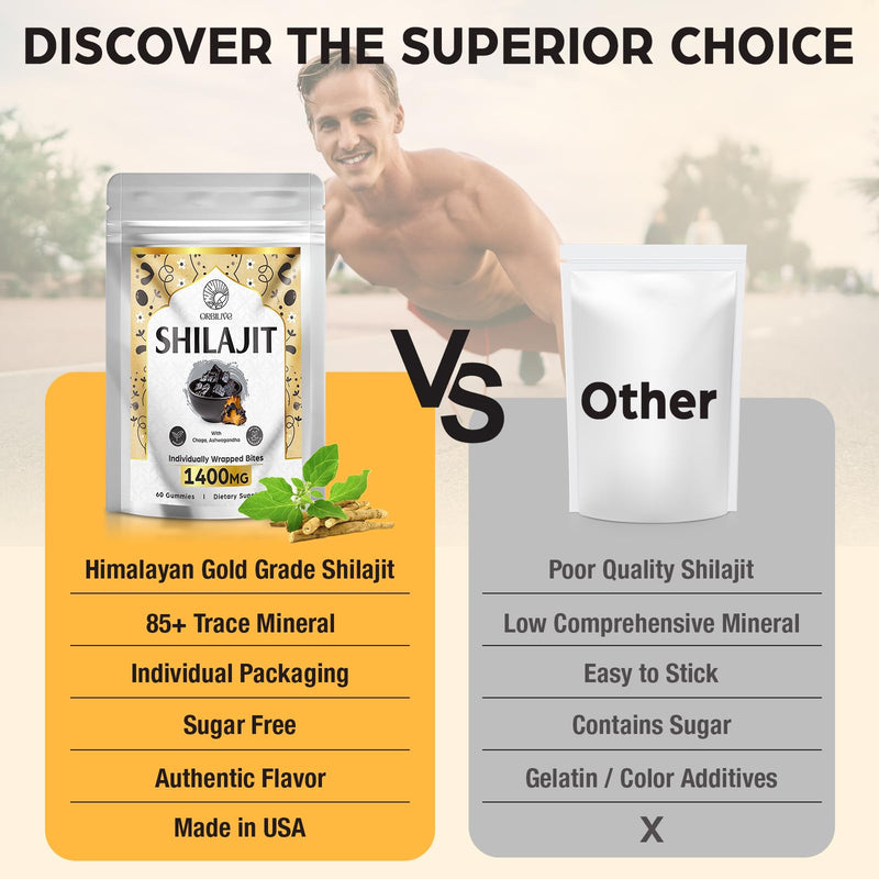 [Australia] - 1400 MG Shilajit Gummies, Shilajit Pure Himalayan Organic Gummies with Ashwagandha, Himalayan shilajit for Men, 85+ Trace Minerals & Fulvic Acid, Individually Wrapped, Sugar-Free, 60 Counts 60 Count (Pack of 1) 