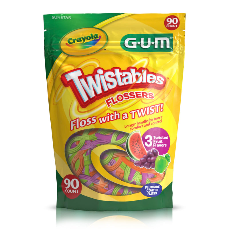 GUM Crayola Twistables Kids Flossers with Fluoride - Designed for Little Hands - Three Fun Fruit Flavors - Easy to Use Kids Floss Picks for Children Ages 3+, 90 ct (4pk) 90 Count (Pack of 4)