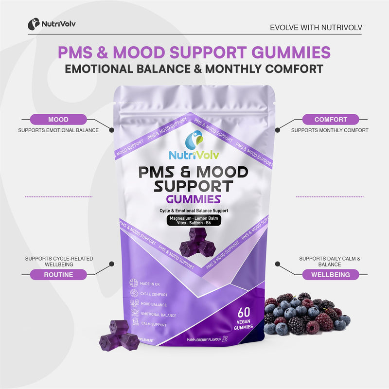 PMS & Mood Support Gummies | 60 Vegan Gummies | Magnesium Citrate, Lemon Balm, Vitex, Saffron & P-5-P B6 | Cycle, Mood & Hormone Balance Support | Purpleberry Flavour | UK Made | by NutriVolv
