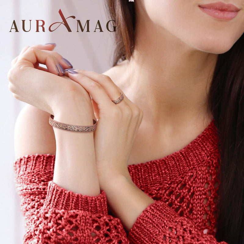 [Australia] - Copper Bracelet for Women, Magnetic Bracelets & Magnetic Rings with 3500 Gauss Magnets, 100% Solid Pure Copper Jewelry Gift Copper-Vintage Flower 