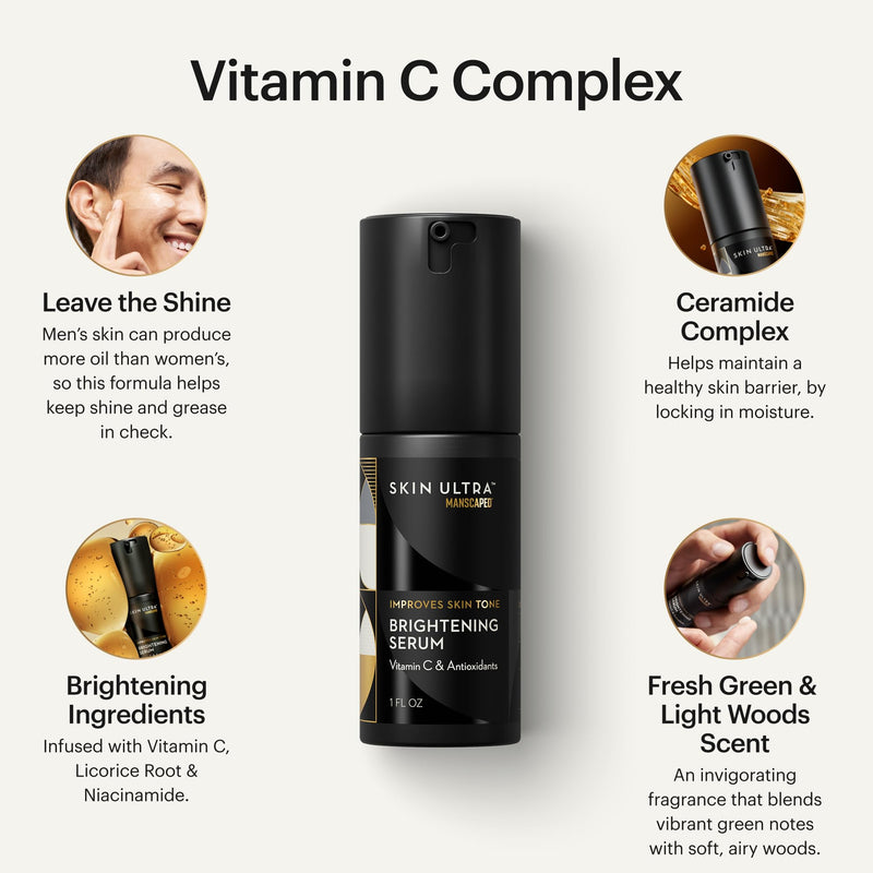 MANSCAPED® Skin Ultra™ Brightening Serum - Men's Vitamin C Face Serum Formulated to Improve Skin Tone & Help Reduce Appearance of Wrinkles, Infused with Licorice Root & Niacinamide, 1 fl oz, (2-Pack) 1 Fl Oz (Pack of 2)