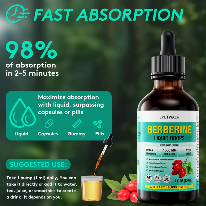 [Australia] - 4 FL Oz Organic Berberine Liquid Drops - Premium Berberine Supplement with Ceylon Cinnamon, Bitter Melon, Sugar-Free & Vegan Supplement Berberine Leaves Liquid, 98% Absorption - 120ML 