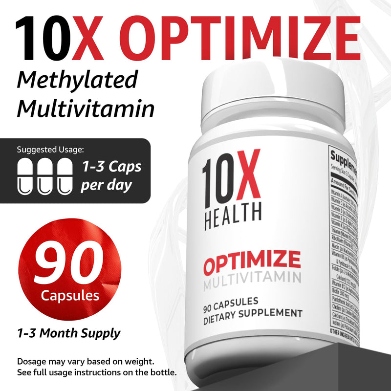 10X Health Methylated Multivitamin - 90 Capsules | Mthfr Supplement: 34-in-1 Formula, 800mcg B12, 5-MTHF & NAC, Methyl B Complex, Non-GMO 90 Count (Pack of 1)