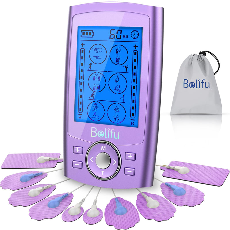 Belfiu TENS & PMS 24 Modes Muscle Stimulator for Pain Relief Therapy, Electronic Pulse Massager Muscle Massager with 10 Pads, Dust-Proof Drawstring Storage Bag, Fastening Cable Ties Purple