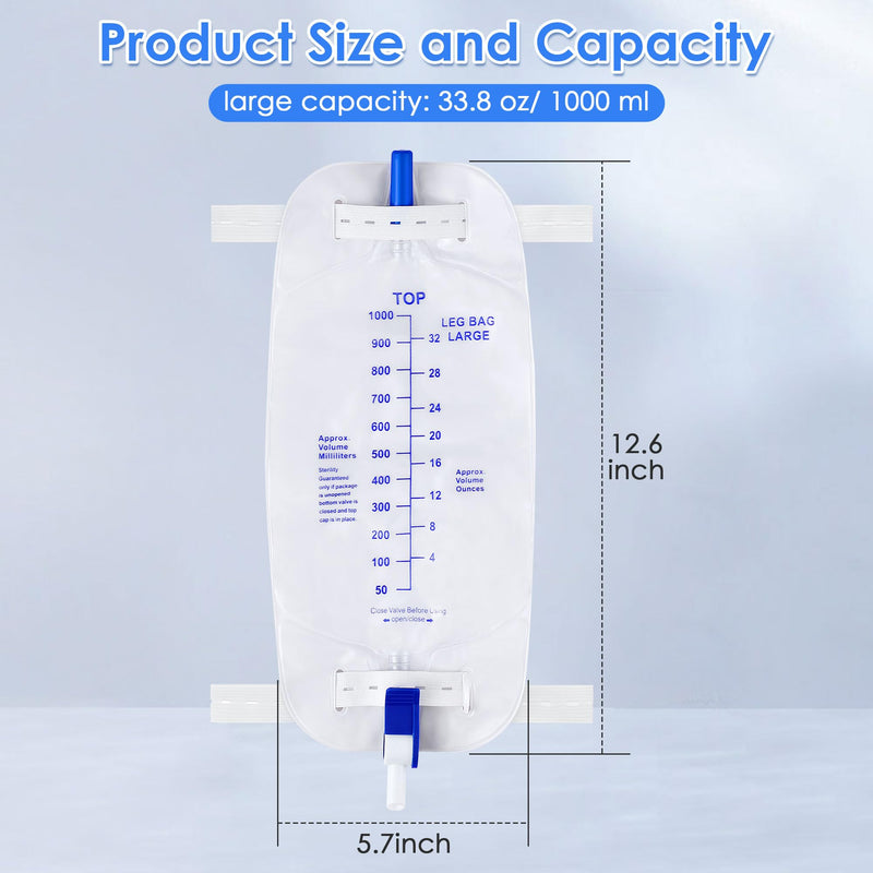 [Australia] - Geiserailie 5 Pack 1000ml Leg Bag Urinary Drainage Bag with Anti Reflux Valve, 33.8oz Large Capacity Urine Leg Catheter with Cloth Straps, Easy Flip Drain, Urinary Catheter for Men, Women 