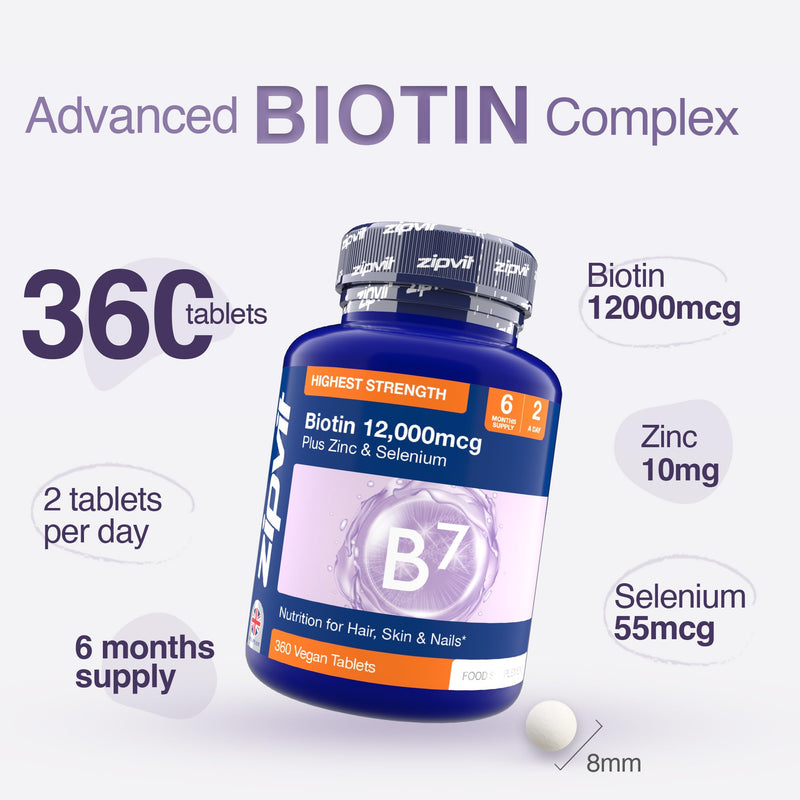 Zipvit Biotin Hair Skin & Nails Complex with Zinc & Selenium 12000mcg, 360 Vegan Tablets, High Strength Biotin for Men and Women 360 Tablets - Jar