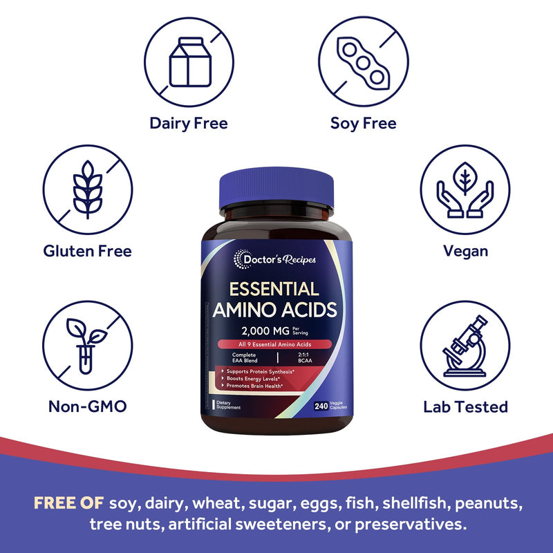 Doctor's Recipes Essential Amino Acids Supplement, All 9 Essential Amino Acids (EAA), BCAA 2:1:1, 240 Veggie Capsules