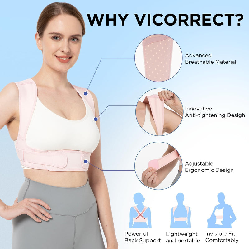 Vicorrect Posture Corrector for Women and Men: Adjustable Brace Straps for Upper Back Pain Relief and Shoulder Support (Pink, M/L) Pink