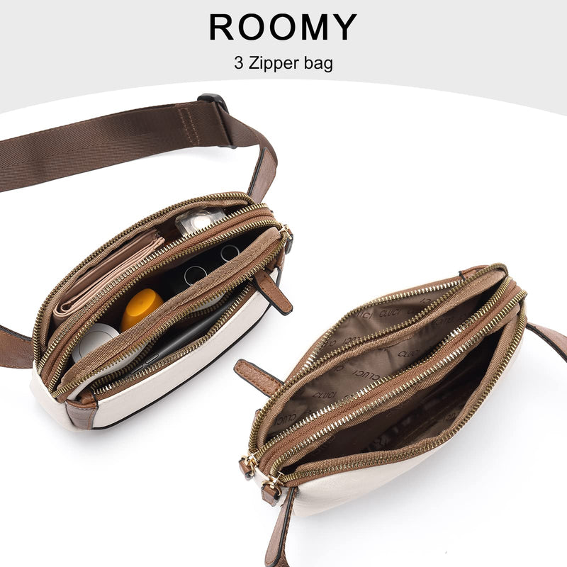 CLUCI Fanny Packs for Women Cross body, Belt Bag for Women, Mini Everywhere Crossbody Waist Bag Adjustable Strap, Vegan Leather Women's Fanny Pack A-0 Off white with brown