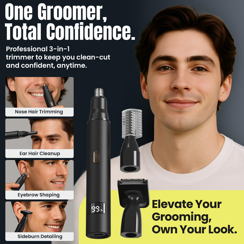 3-in-1 Nose Hair Trimmer for Men & Women – Electric Ear and Nose Hair Trimmer, Eyebrow Trimmer, USB-C Rechargeable Facial Hair Removal Device, Stainless Steel Blades, Digital LED Display