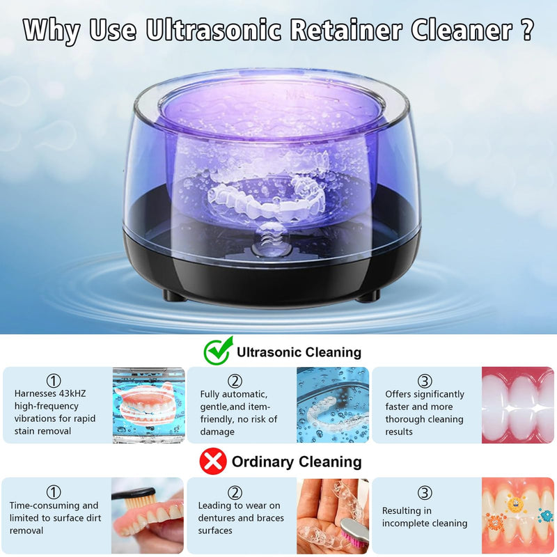 [Australia] - Ultrasonic Retainer Cleaner, 43kHz Ultrasonic Denture Cleaner Jewelry Cleaning Machine Eyeglass Cleaner for Watches Dentures Ring Razor Makeup Brush Black 