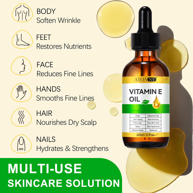 Vitamin E Oil 2 Fl Oz - Vitamin E Oil for Skin, Face, Hair, Body - Natural Antioxidant for Dryness, Wrinkles, Scars & Stretch Marks, Moisturizing and Firming Skin 2 Fl Oz (Pack of 1)