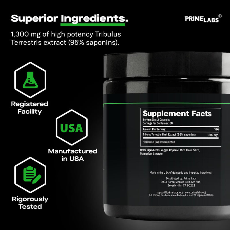 [Australia] - Prime Labs Tribulus Terrestris for Men 1300mg - Enhanced with 95% Saponins - Energy, Vitality, Strength - 120 Count 120 Count (Pack of 1) 