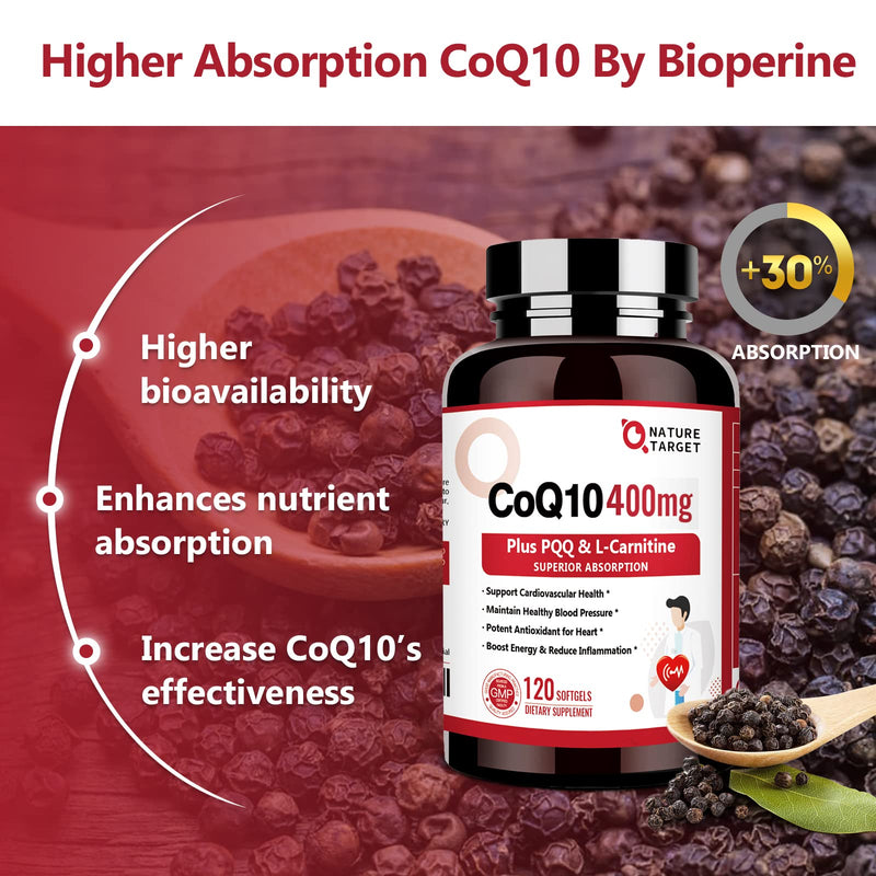 [Australia] - NATURE TARGET CoQ10-400mg with PQQ, Omega-3s & L-Carnitine, High Absorption Coenzyme-Q10 with BioPerine, Supports Heart, Brain, Immune System, Energy Production, 120 Servings 