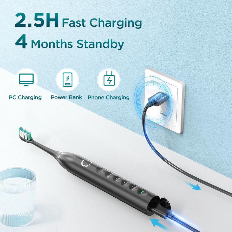 [Australia] - Electric Toothbrush for Adults with 8 Brush Heads, Sonic Toothbrush Rechargeable with a Holder & Travel Case, 2.5 Hours Charge for 120 Days Use Black 8 Count (Pack of 1) 