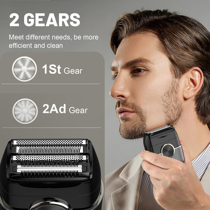 [Australia] - Electric Foil Shavers for Men: Advanced Mini Electric Razor with 4 Floating Blades & Large LED Display - 2 Adjustable Speeds - IPX7 Waterproof - USB Type C Cool Black 