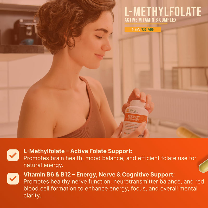INVITA, L-Methylfolate 7.5mg + Active Vitamin B Complex – 60 Capsules - 5-MTHF Supplement with Vitamin B6 & B12 Methylcobalamin for Mood, Energy and Heart – Non-GMO, Gluten Free, 2-Month Supply