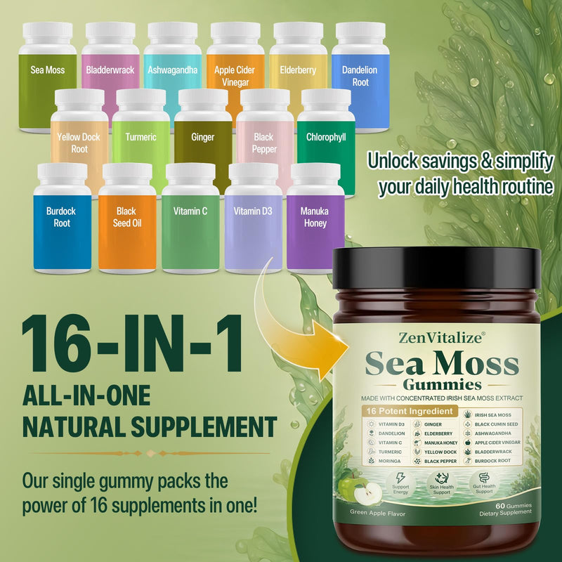 Sea Moss Gummies 16-in-1, Irish Sea Moss Supplement for Women & Men with Black Seed Oil, Ashwagandha, Bladderwrack, Burdock Root, Elderberry, Vitamins C & D3, 60 Count