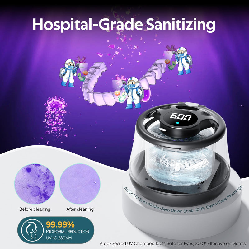 [Australia] - Ultrasonic Retainer Cleaner Machine- 45kHz Denture Cleaner, 200ML Dental Cleaning Pod for Aligners, Mouth Night Guards, Toothbrush Heads & Jewelry, 4 Cleaning Modes, Digital Timer, Black 