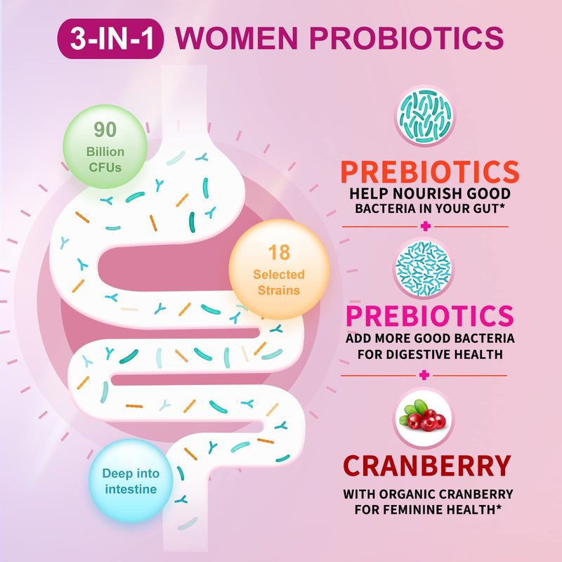 [Australia] - Women's Probiotic,with Cranberry Extract and Organic Prebiotics,90 Billion CFUs,18 Strains,Help for Boost Immune,Digestive, Gut and Women's Health,Gluten Dairy Yeast & Soy Free, 90 Tablets 