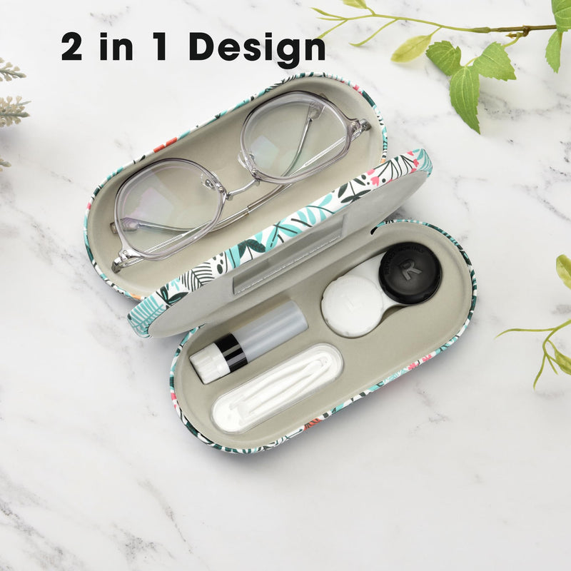 [Australia] - 2 in 1 Contact Lens and Glasses Case,Double Sided Dual Use Design with Mirror, Tweezer and Contact Lens Solution Bottle,Portable Soak Storage Kit for Travel,Office(White & Tropical Flowers) White & Tropical Flowers 