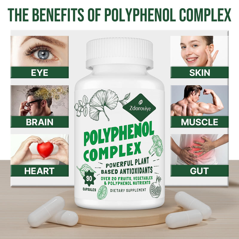 [Australia] - 2250 MG Polyphenols Supplement Over 20 Fruits, Vegetables & Polyphenols, Quercetin, Resveratrol, Turmeric, Green Tea, Powerful Antioxidants, Polyphenols for Age Defense, Immune System, 90 Capsules 90 Count (Pack of 1) 