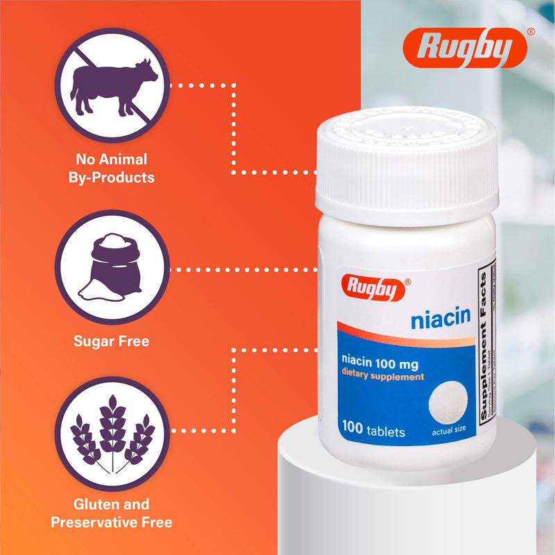 Rugby Niacin 100mg - Niacin Tablets with Calcium - Dietary Supplement - 100 Count
