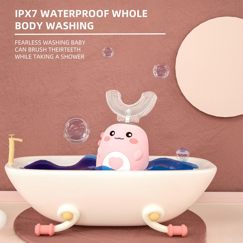 Kids U Shaped Electric Toothbrush with 4 Brush Heads, 360° Sonic Automatic Toothbrush with 3 Cleaning Modes, IPX7 Waterproof Cartoon Dinosaur Design (Ages 2-12) Pink