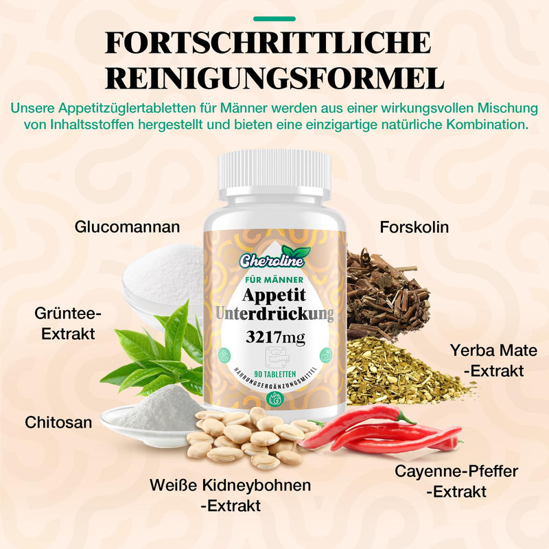 [Australia] - Appetite suppressant for men 3217 mg per serving, natural fat burners, high-dose glucomannan from konjac root, with green tea extract and chitosan, long satiety (90 pieces (pack of 1)) 90 pieces (pack of 1) 