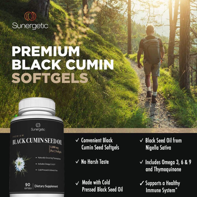 [Australia] - Sunergetic Premium Black Cumin Seed Oil Softgels – 1,000mg of Black Seed Oil Per Serving – Non GMO Cold Pressed Nigella Sativa – Includes Thymoquinone & Omega’s - 90 Softgels 