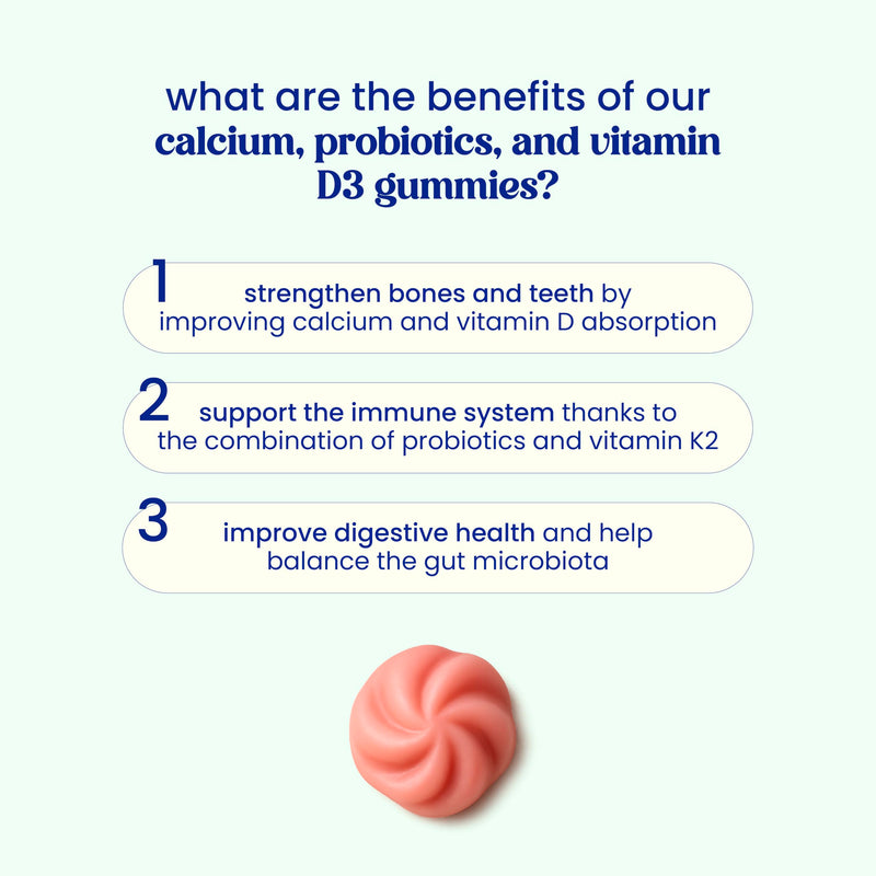 Jelly Pills Calcium 240 mg Gummies with Vitamin D3, K2 and Probiotics - 70 Vegan Gummies - No Added Sugar - Strawberry Flavour - Bones, Teeth & Digestion