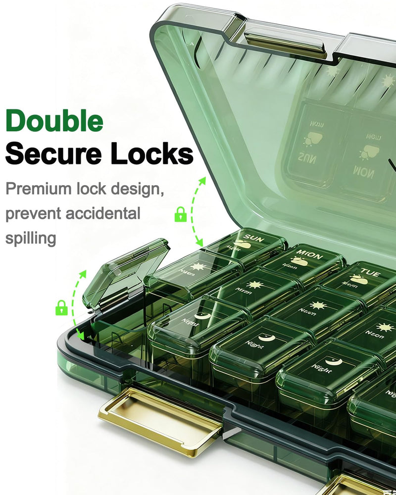 Weekly Pill Organizer 3X a Day, Large 7 Day Pill Box 3 Times a Day with 7 Compartments, Portable Travel Daily Pill Box for Medication, Vitamins, Fish Oil and Supplements, Green Luxury Green
