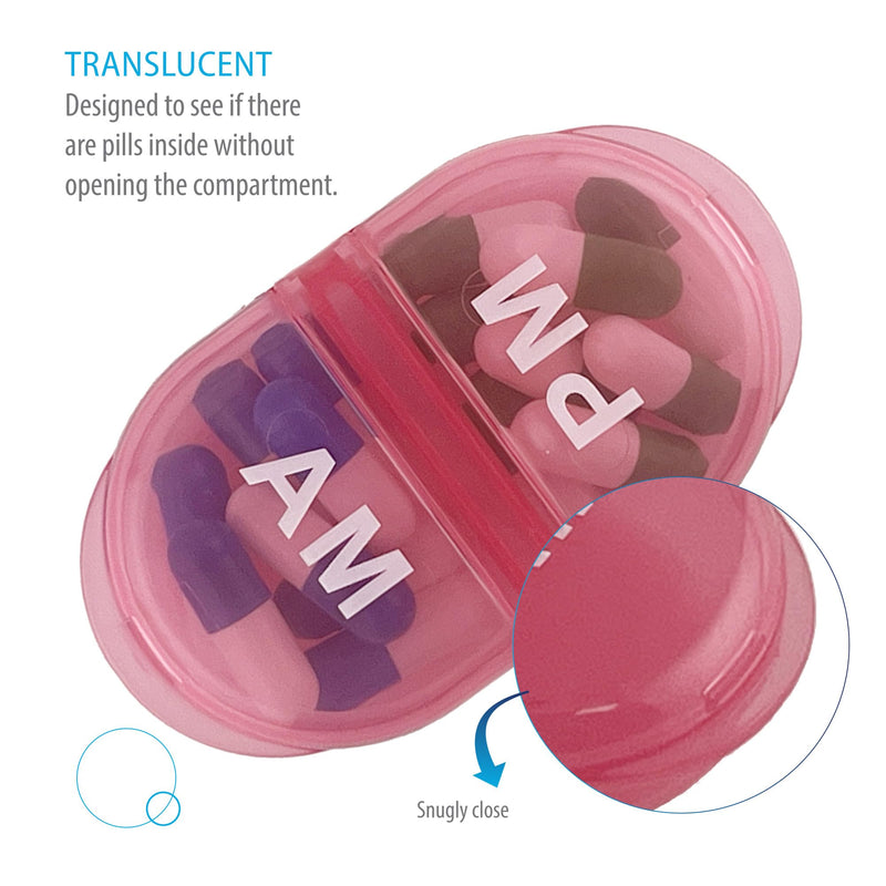 Deke Home - Pill Organizer AM PM, 2 Compartment Pill Box for Pocket or Purse, Small Daily Medicine Case, Travel Pill Holder, Easy Open Pill Container for Seniors, Vitamins & Supplements (Pink) Pink