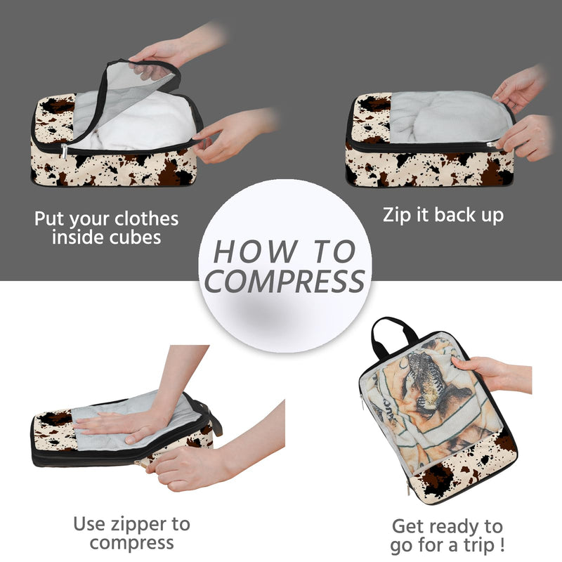 7 Pcs Compression Packing Cubes for Travel, Waterproof Suitcase Luggage Backpack Organizer with Toiletry Bag Travel Essentials for Women/Men-Cow Print Brown-Cow Print