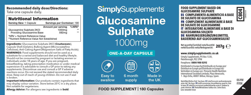 Glucosamine Sulphate 2KCl 1000mg | Designed for Active Lifestyles | 180 Capsules = 6 Months’ Supply | Convenient One-a-Day Formula | GMP-Certified & UK-Made Unflavoured 180 count (Pack of 1)