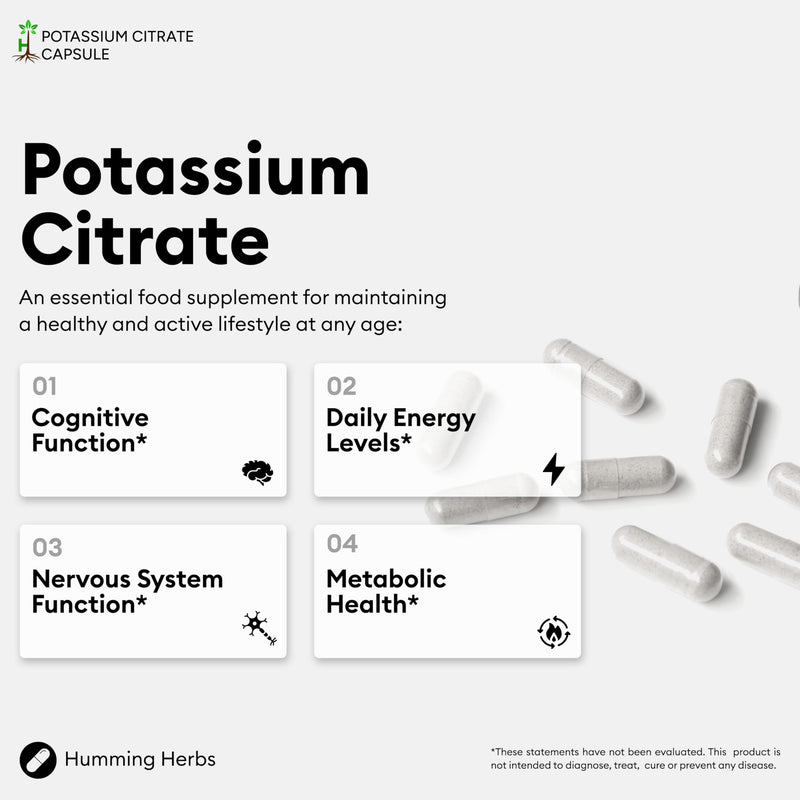 Humming Herbs Potassium Citrate Supplement | 1100 mg per Serving Delivering 398 mg Potassium | 180 Vegan Capsules | 90 Day Supply