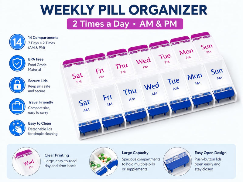 Shea Muse Weekly Pill Organizer-14 Large compartments,AM/PM Medication Organizer, Portable Travel Pill Box for Vitamins, Supplements & Prescriptions, Secure Snap Closure, BPA-Free, Easy Open Design