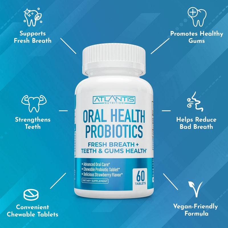 [Australia] - Atlantis Nutrition Oral Probiotics Chewable Tablet - Dental Probiotic for Gum Care & Teeth Care - Bad Breath Treatment for Adults - 3 Billion CFU Probiotic Blend - Strawberry Flavor - 60 Tablets 60 Count (Pack of 1) 