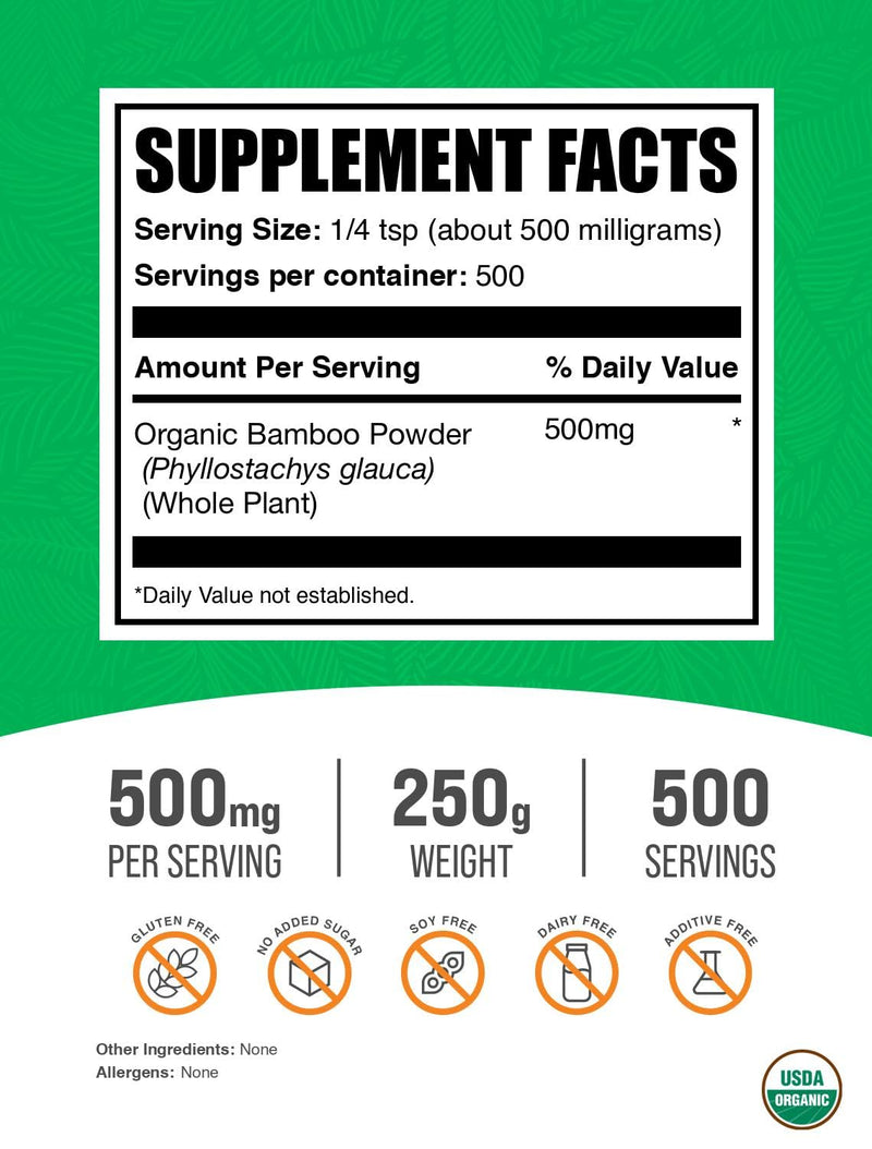 [Australia] - BulkSupplements.com Organic Bamboo Powder - Silica Supplements, Bamboo Supplement - Gluten Free, 500mg per Serving, 250g (8.8 oz) (Pack of 1) 8.8 Ounce (Pack of 1) 